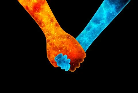 Hands  in the form of an orange and blue universe holding each other Stock Illustration