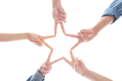 Hands in the form as star shape on isolated white background. Relation and .. Stock Photos