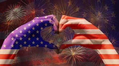 Hands forming be heart for love with USA National flag over the Multicolor Fi Stock Photos