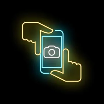 Hands forming frame around smartphone camera neon sign Stock Illustration