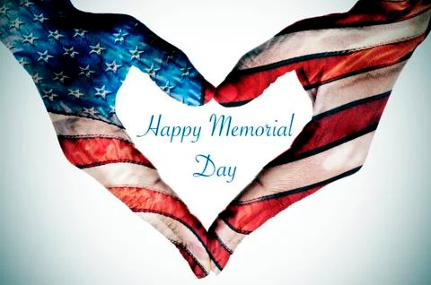 Hands forming a heart patterned and text happy memorial day Stock Photos