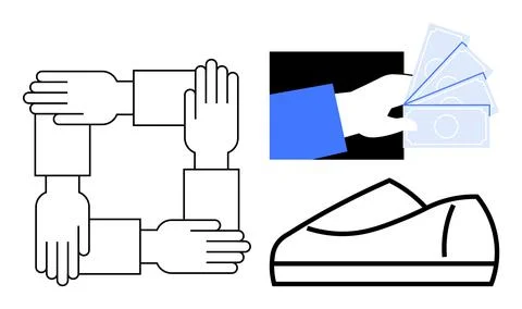 Hands forming a square, hand holding money, and a shoe symbolizing communit.. Illustrazione stock