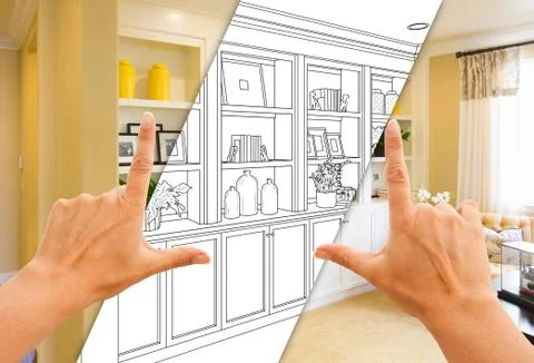 Hands Framing Custom Built-in Shelves and Cabinets Design Drawing with Sectio Stock Photos