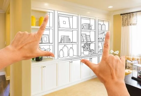 Hands Framing Custom Built-in Shelves and Cabinets Design Drawing with Sectio Stock Photos