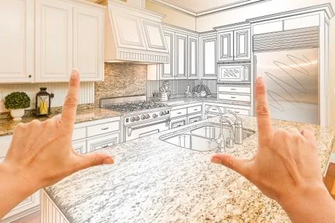 Hands Framing Gradated Custom Kitchen Design Drawing and Photo Combination Foto stock