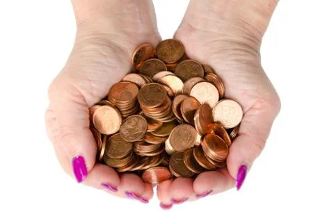 Hands full of copper coins 스톡 사진