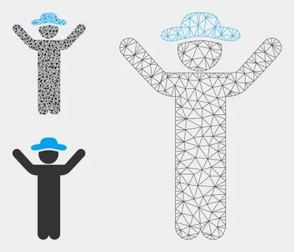 Hands up Gentleman Vector Mesh Wire Frame Model and Triangle Mosaic Icon Stock Illustration