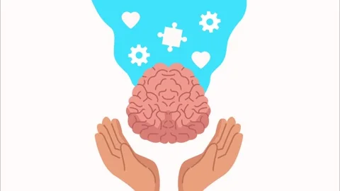 Hands gently holding a brain with symbols of gears and hearts above, repres.. Stock Footage 334524322