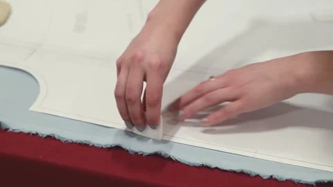 Hands gently pin fabric to pattern. Fingers adjust white paper layout. Smal.. Stock Footage 340040056