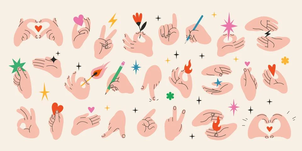 Hands gestures big set. Gesturing human arms holding fire and star, making .. Stock Illustration