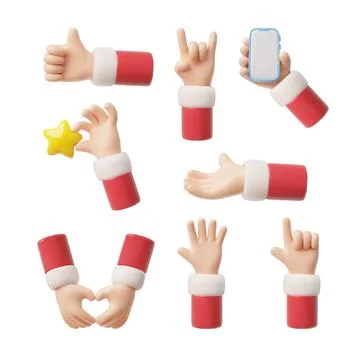Hands gestures emoji 3D vector set, arm with red sleeve with smartphone, five Stock Illustration