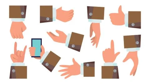 Hands Gestures Set . Businessman Hands. Different Action Poses. Flat Cartoon Stock Illustration