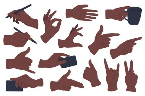 Hands gestures set graphic elements in flat design. Bundle of African Ameri.. Illustrazione stock