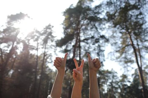 Hands gesturing thumbs up and v-sign on sunny green forest background Stock Photos