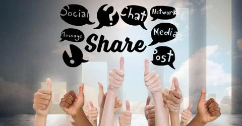 Hands gesturing thumbs up with chat bubbles and graph Stock Photos
