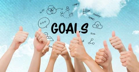 Hands gesturing thumbs up with goals text surrounded by icons Stock Photos
