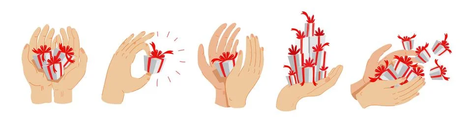 Hands with gift boxes set. Various positions of hands holding gifts Stock Illustration