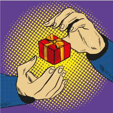 Hands with gift pop art comic vector Stock Illustration