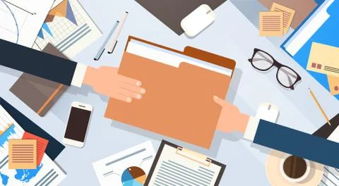 Hands Give Folder Document Papers Share Data Workplace Desk Office Stuff Top Illustrazione stock