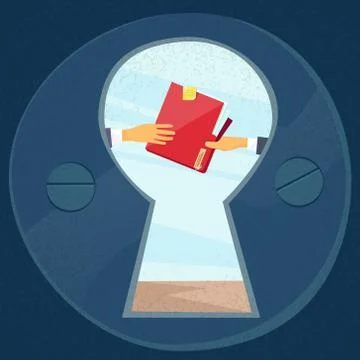 Hands Give Red Folder Secret Document Papers, Concept View Through Door Hole Stock Illustration