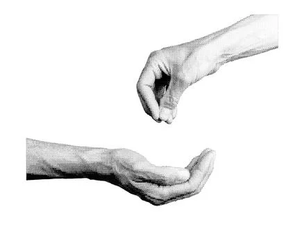 Hands giving, and cup-shaped palm taking and begging. Halftone style vector Stock Illustration