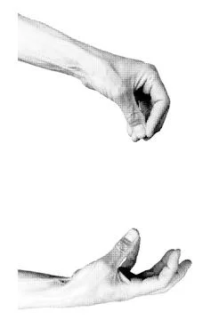 Hands giving, palm taking and begging. Halftone style vector isolated on whit Stock Illustration