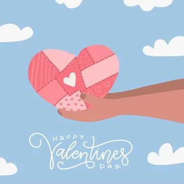 Hands giving red patchwork heart. Vector flat retro illustration. Holding heart 스톡 일러스트