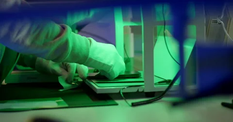 Hands in gloves applying a screen protector to a phone under green UV light Video stock 329478248