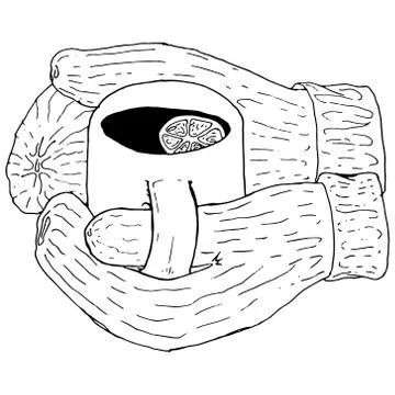 Hands with gloves hold a cup of tea. Vector illustration of tea with lemon in Stock Illustration