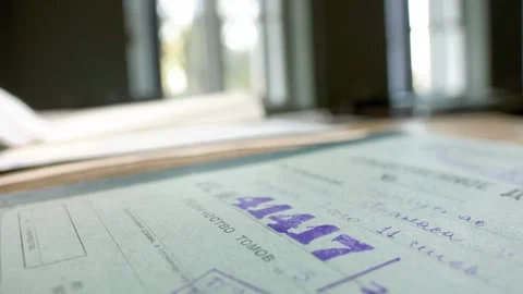 Hands in gloves leaf through old paper documents on the table Stock Footage 243721170