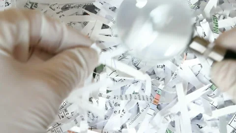 Hands in gloves looking throught shreeded document under the magnifying glass Video stock 123995832