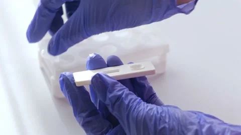 Hands in gloves makes a covid-19 antigen pcr express test Stock Footage 165070951