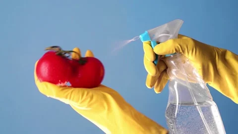 Hands with gloves spray liquid on tomatoes Stock Footage 138846969