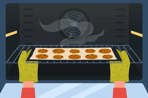 Hands in gloves taking out tray of cookies from baking oven Stock Illustration