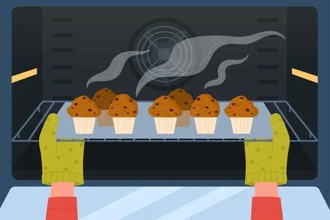 Hands in gloves taking out tray of muffins from baking oven Stock Illustration