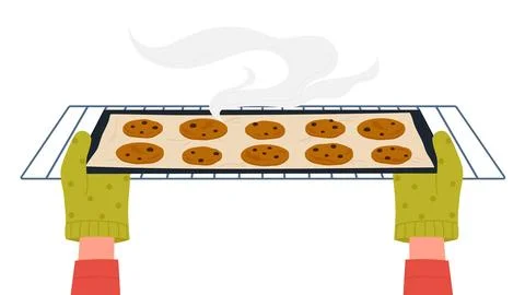 Hands in gloves taking out tray of cookies from baking oven isolated Stock Illustration