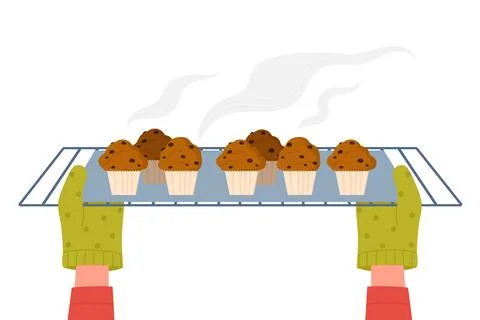 Hands in gloves taking out tray of muffins from baking oven Stock Illustration