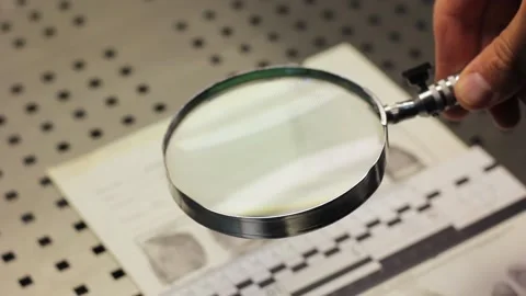 Hands in gloves using a lens examine the fingerprints Stock Footage 219202338