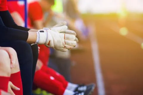 Hands goalkeeper. Gloves closeup Stock Photos