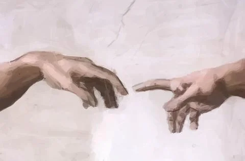 Hands of God and Adam Creation Michelangelo fresco painting by Italian artist Stock Illustration