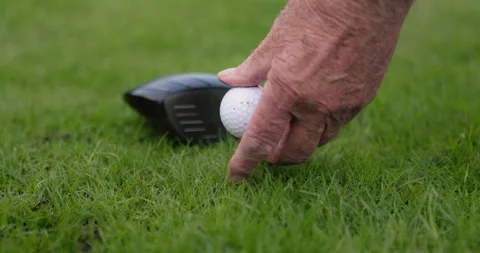 Hands, golf ball and putter or tee, sports and competition on grass, challenge Video stock 335784529