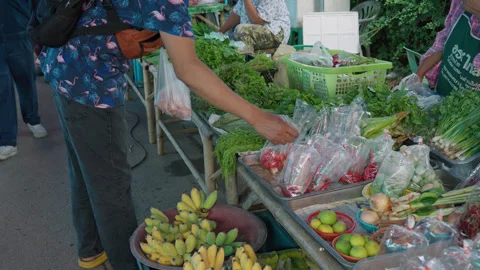 Hands Grab Fresh Vegetables Herbs At Local Thai Open Market, Bangkok Stock Footage 261798874