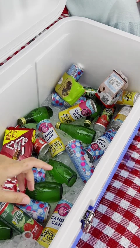 Hands Grabbing Cold Drinks From Picnic Ice Cooler 库存影片 341373789