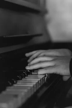 Hands gracefully playing the piano, capturing the essence of music, creativity Stock Photos