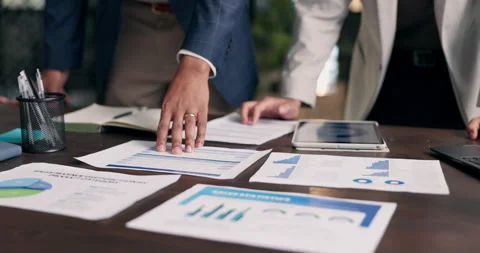Hands, graph and business people with documents, tablet and infographics for Stock Footage 340602460