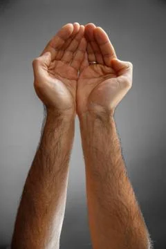 Hands on a gray background. palms hold something Stock Photos