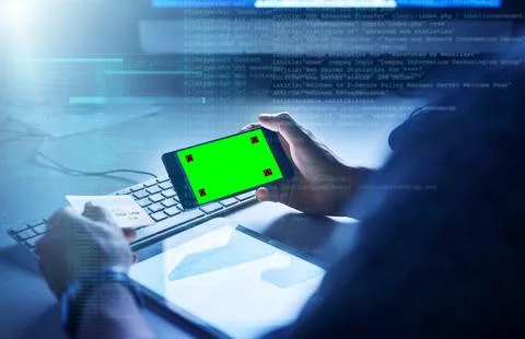 Hands, green screen and programmer with cellphone, person or typing with 스톡 사진