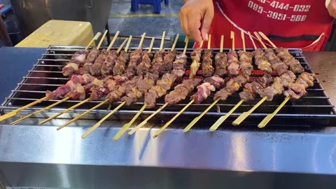 Hands Grilling Thai BBQ Beef Kebab Meat Skewer Stick, Isaan Barbeque Street Food Stock Footage 233229283