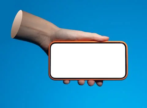 Hands grip mobile phone with landscape screen. Mockup set against blue Stock Photos