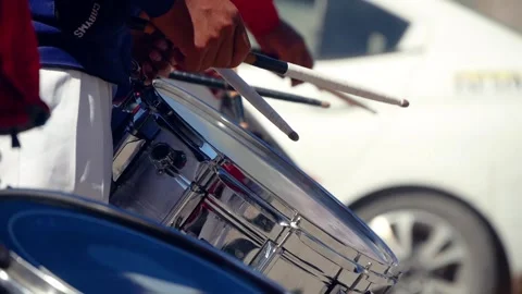 Hands Of A Group Of Drummers Play Open Air On Marching Drums With Drumsticks Stock Footage 171904004